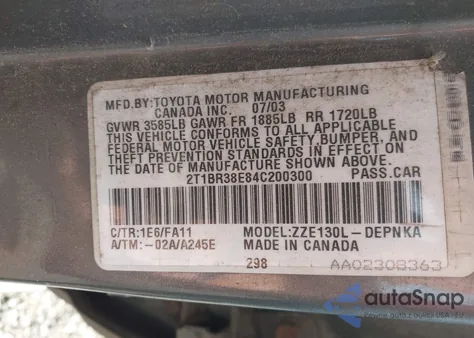 2004 Toyota Corolla Le из США, поврежденный, VIN 2T1BR38E84C200300